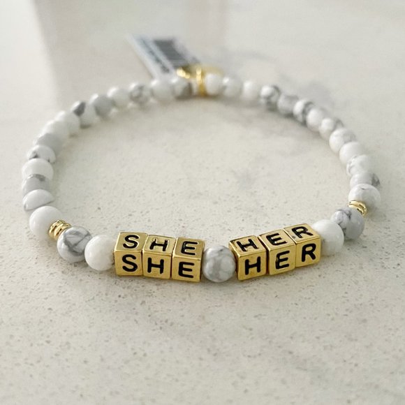 🌺SOLD🌺Little Words Project White Gold She Her Pronoun Beaded Stretch Bracelet - Picture 3 of 5